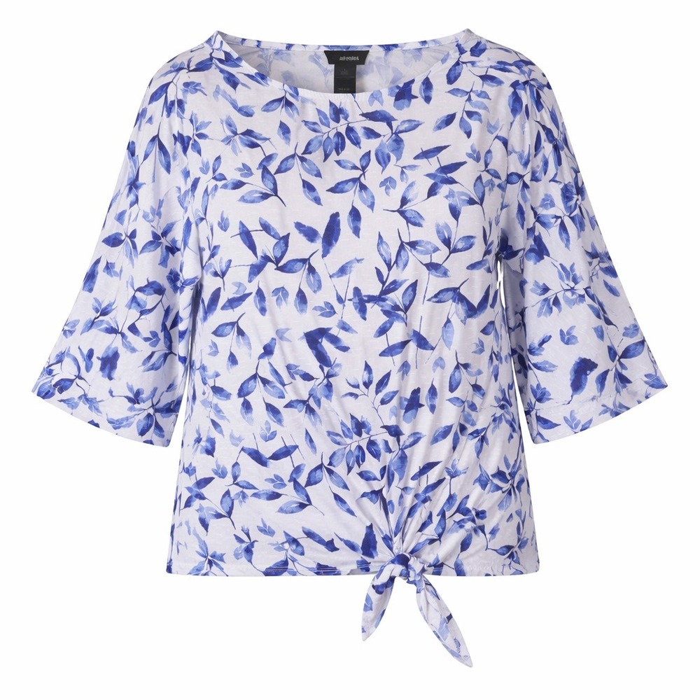 Ali Miles Womens Blue White Leaf Print Tie Front‎ Elbow Sleeve Top Large